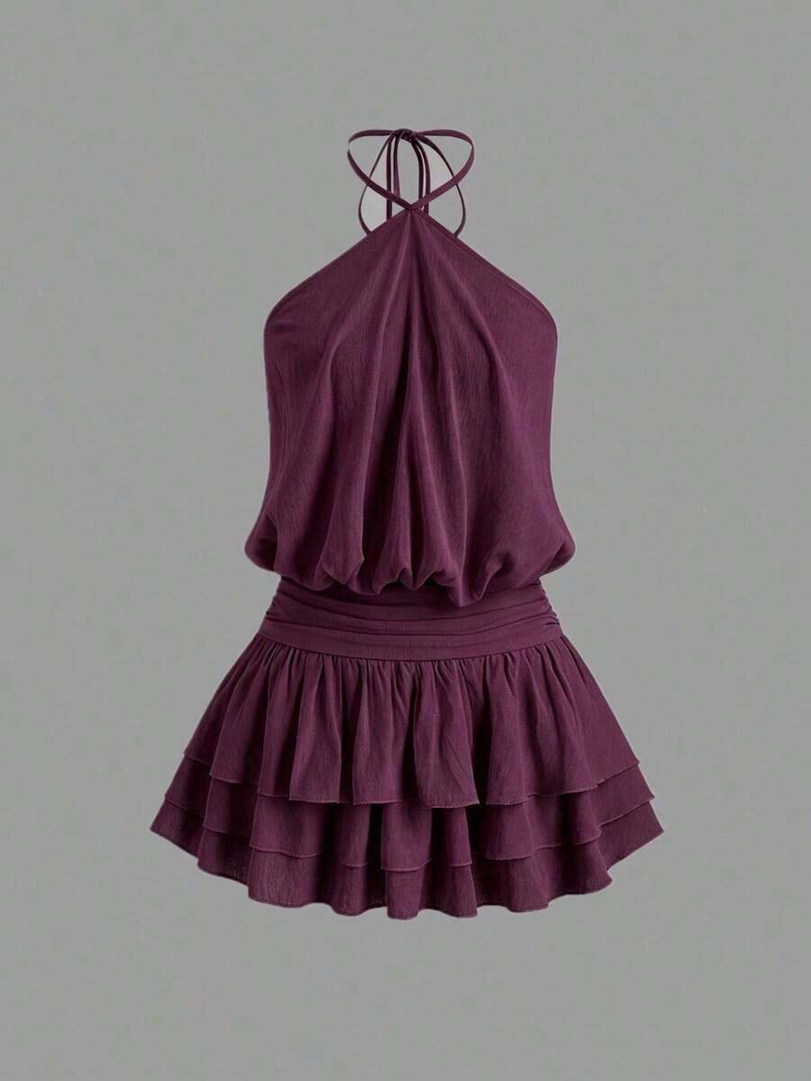 Vestido mini con espalda descubierta, estilo sexy y picante, de cuello halter, adecuado para citas, vacaciones y verano - Gris - Ver 1