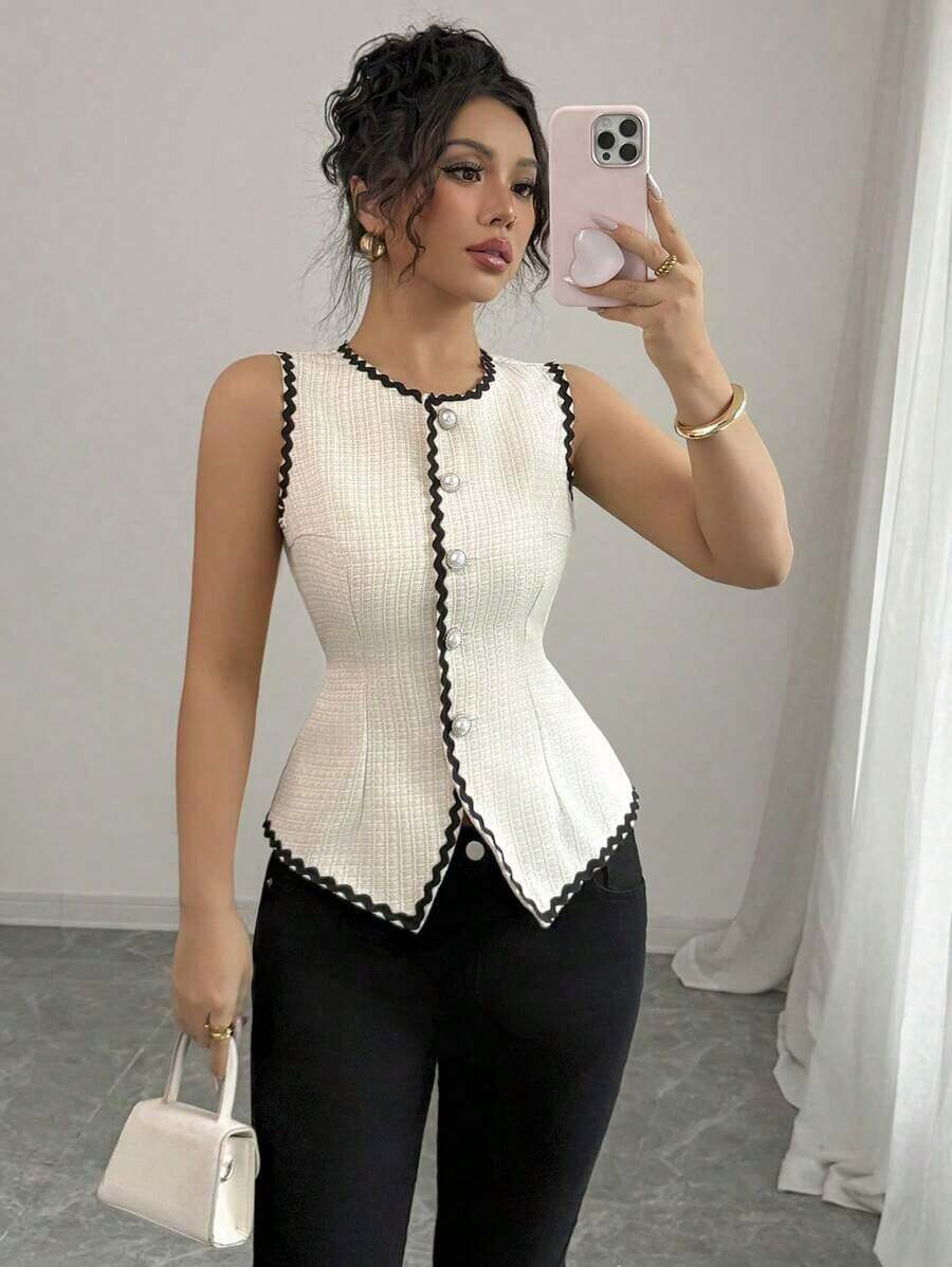 Cárdigan elegante de mujer con contraste de color y parches de encaje en la cintura - Caqui - Ver 1