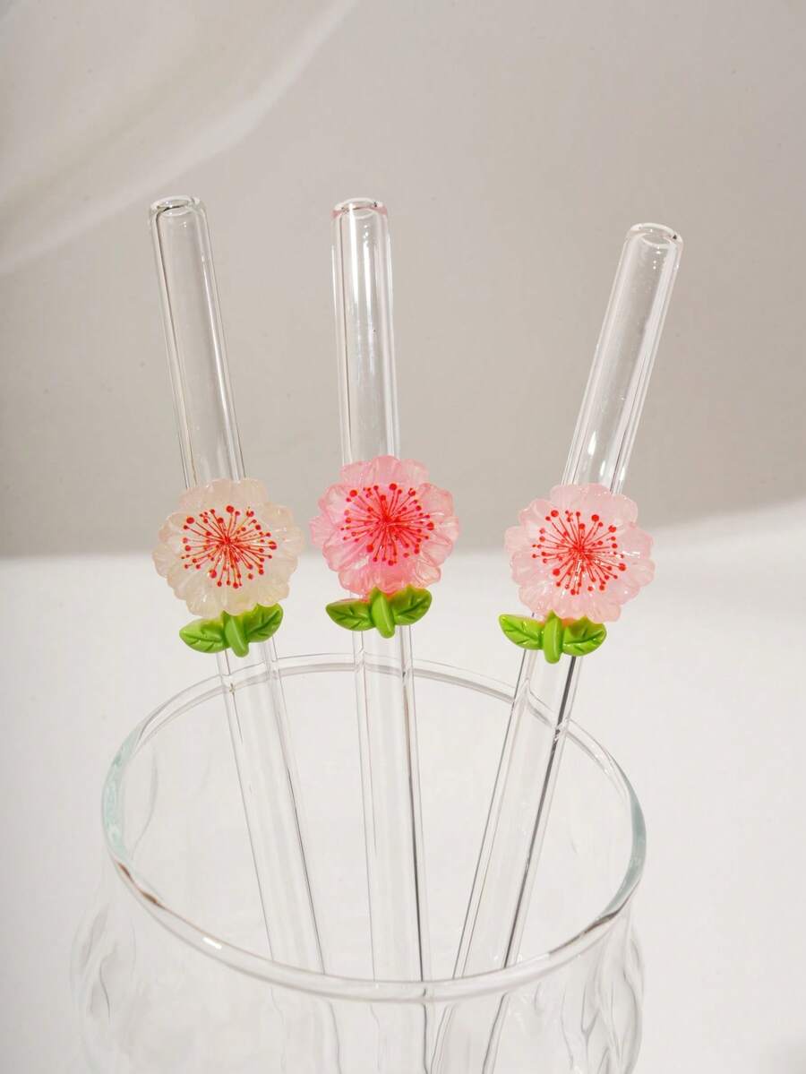 1/2PCS Reusable Curved Flower Glass Straw Set,For Smoothies, Cocktails, Bubble Tea, Soda, Summer Drinks, Pool Parties, Beach. Great Gift For Christmas, Birthday, Graduation, Back To School, Valentine's Day. Kitchen Essential, Photo Prop. - Clear - View 1