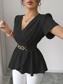 Nueva blusa elegante y casual ajustada con diseño de volantes, cuello en V, mangas de volantes, decoración de cintura, botones y bajo cruzado de tela tejida - Negro - Ver 5