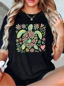 1 pieza de playera  para hombre y mujer, 100% algodón puro, cuello redondo casual con estampado, manga corta transpirable para uso diario, dise?o de corazones con motivos de tortuga marina y flores - Negro - Ver 1