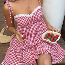 YijiaNvz  Vestido de mujer retro francés de cuadros rojos con tirantes finos, nuevo diseño de primavera temprana con encaje, favorecedora, versátil, dulce y elegante con capas - Café integral - Ver 4
