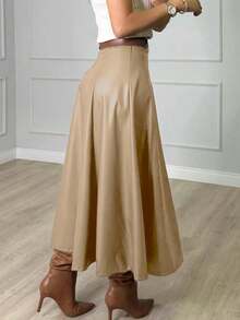 Women's Leather Skirt Gode Long High Waist 333 - Bege Escuro - 查看 3