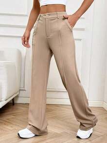 Pantalones rectos de traje sólidos para mujer en otoño/invierno - Caqui - Ver 5