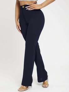 PETITE Pantalones negros de mujer de cintura alta y pierna acampanada - Azul marino - Ver 3