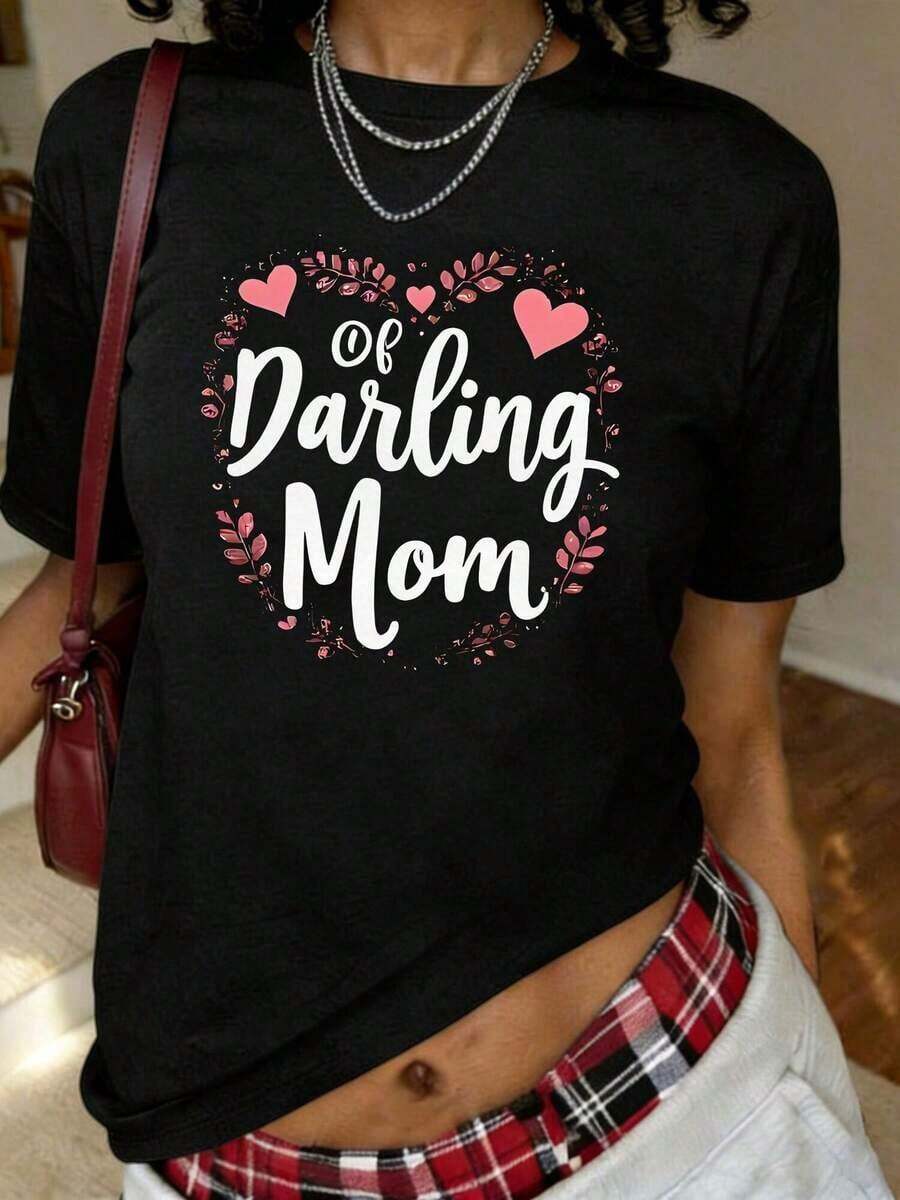 Camiseta con estampado floral rosa y la frase 'Of Darling Mom', manga corta, cuello redondo, estilo casual para verano y primavera, ropa de talla grande para mujer. - Negro - Ver 1