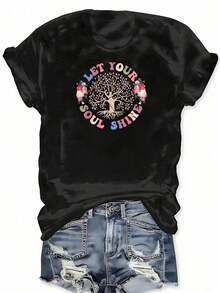 Camiseta Gráfica de Talla Grande "Deja que Tu Alma Brille" con Árbol de la Vida, Top Corto Floral de Manga Corta para Mujer - Negro - Ver 3