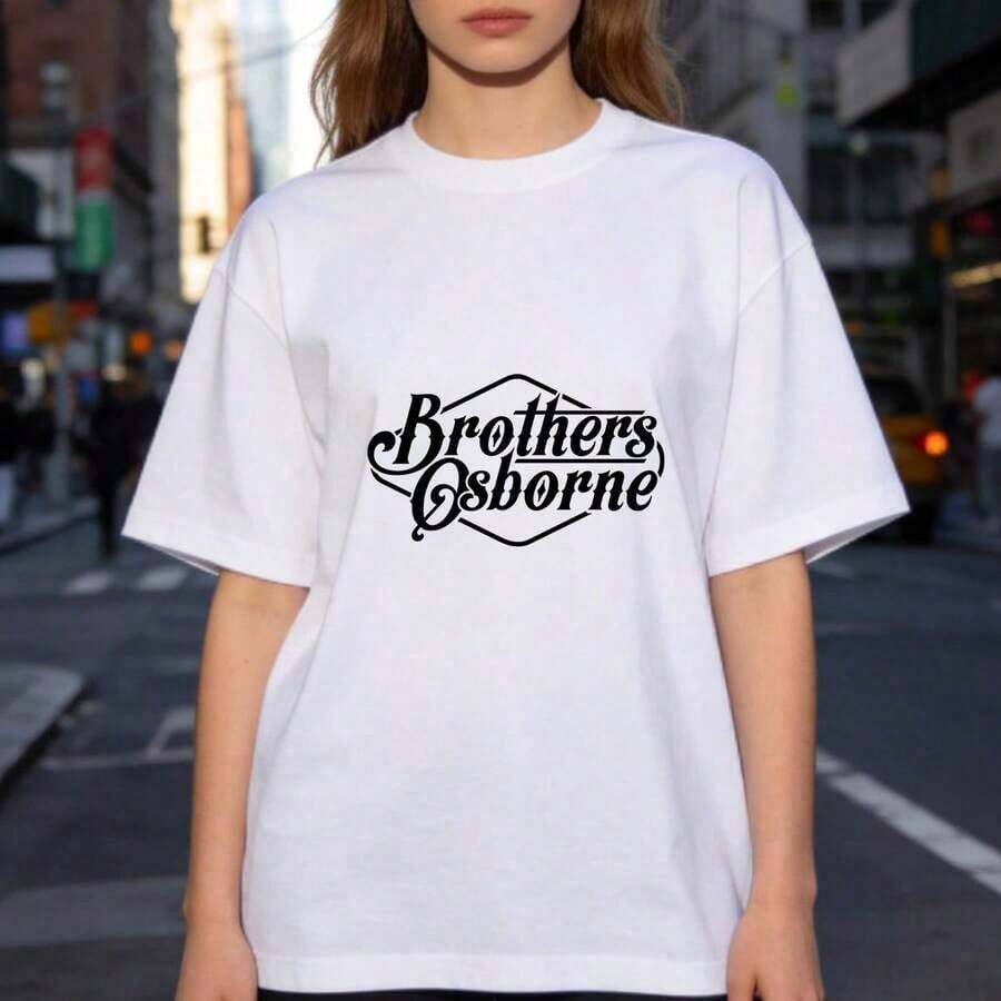 Camiseta Gráfica con Logo de Brothers Osborne para Mujer, Camiseta Casual de Algodón de Manga Corta, Camiseta de Moda de Temporada con Cuello Redondo, Camiseta Minimalista con Estampado de Anime/Slogan/Banda, Tela Cómoda de Elasticidad Media, Lavable a Máquina - Versátil para Uso Diario, Deportivo o en Eventos Especiales - Blanco - Ver 1