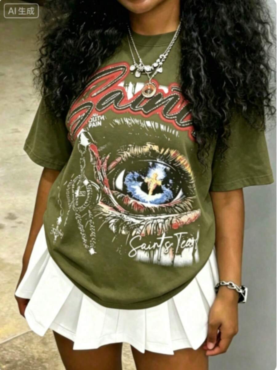 Cotton Clothes Y2K-Inspired Letter Print T-Shirt,Casual Crew Neck Short Sleeve, Perfect For Spring Summer Fall, Fashion Streetwear Unisex, Graphic Tee - 綠色 - 查看 1