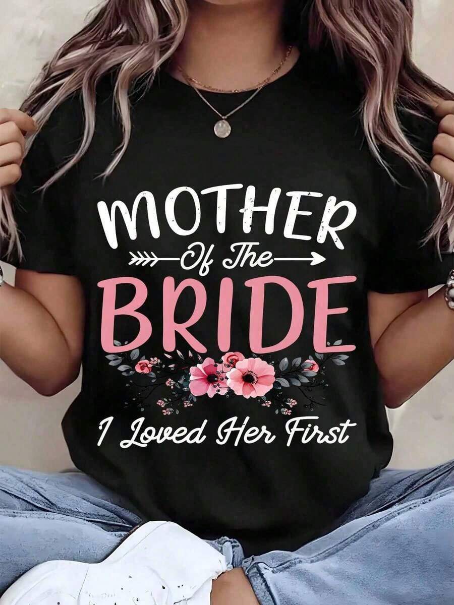 Camiseta de Mujer "Madre de la Novia" con Estampado Floral, Cuello Redondo, Regalo de Boda, 220g, Transpirable y Cómoda - Negro - Ver 1