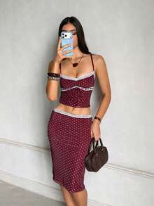 Summer Women's 2 Pieces Set, Women's Polka Dot Dress Set. Suitable For Women's Summer Casual Lunch Wear. This Vintage Style Set Is Cute And Fashionable - Burgundy - View 7