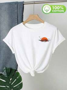 Camiseta clásica de algodón con estampado gráfico de sol, ajustada, de moda, de algodón, de manga corta para mujer, estilo casual, suave, transpirable y cómoda. - Blanco - Ver 6