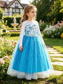 Set de 6 piezas para niñas: Vestido azul de manga larga con malla y flores, trenza de peluca, corona, varita mágica, guantes, conjunto de disfraz para fiesta de Navidad y carnaval - Azul - View 2