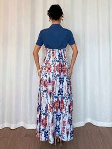 Vestido largo elegante de mujer con estampado floral azul, de manga abierta y efecto splice para el verano - Multicolor - Ver 2