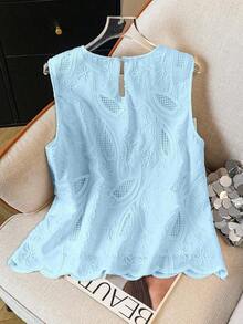 Blusa sin mangas con bordado y ribete de concha blanca para mujer, vacaciones - Azul - Ver 2