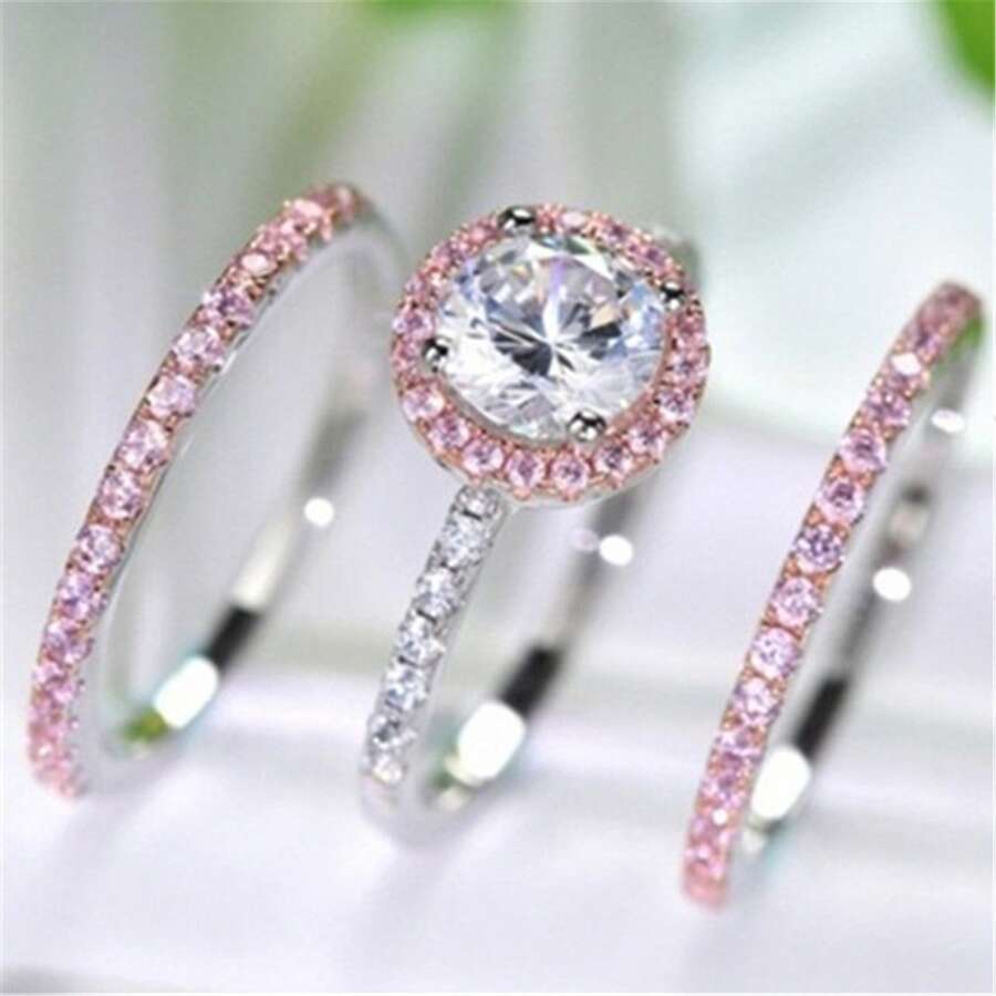 Bộ 3 chiếc nhẫn kim cương hồng thời trang bán chạy xuyên biên giới Châu Âu và Mỹ, trang sức đá Zirconia. - Kim cương trắng + kim cương hồng [Bộ 3 món] - Xem 1