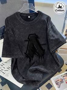 Camiseta casual de manga corta para mujer, lavada, con estampado de la letra "A" estilo oscuro, versátil para salidas diarias - Negro - Ver 6