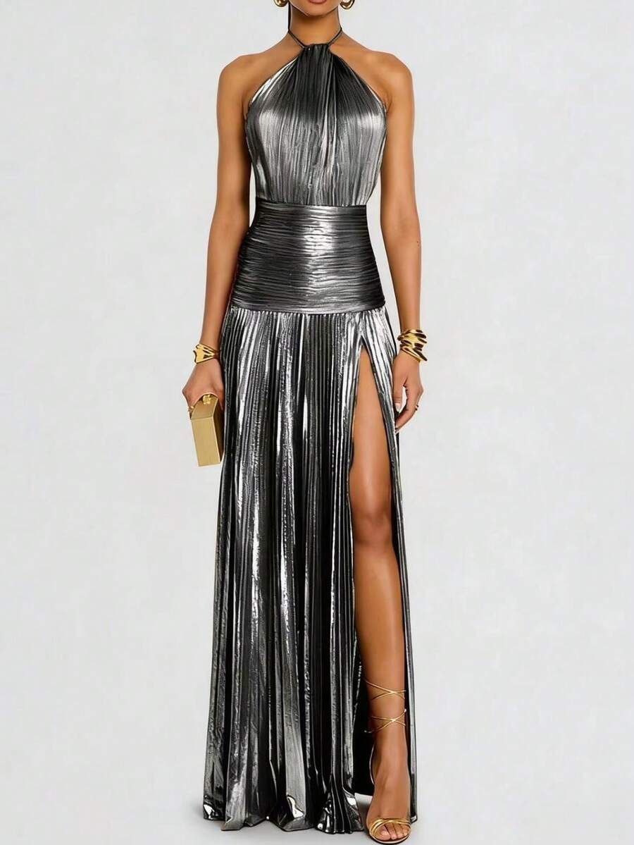 Metallic Pleated Sleeveless Dress With High Straps And A Slit For Parties - Grey - View 1