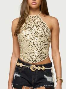 Women's Gold Spiral Sequin Halter Crop Top, Boho Tie Back Asymmetrical Hem Sleeveless Sparkly Top, Summer Festival Party Night Out Clubwear - Dorado - Ver 2