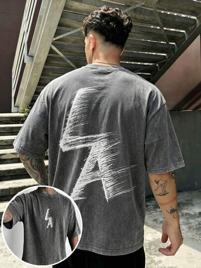  FRACTYR Men's Summer Casual Street Fashion Distressed Washed LA Graffiti Print Graphic Tee, Loose Fit Crew Neck Short Sleeve T-Shirt, Soft & Skin-Friendly