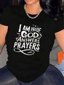 Ropa de mujer a la moda, estampada con las palabras "Soy testa de que Dios responde a las oraciones", camiseta casual de manga corta estampada, ropa casual de uso diario para deportes y vacaciones para mujer. - Negro - Ver 7