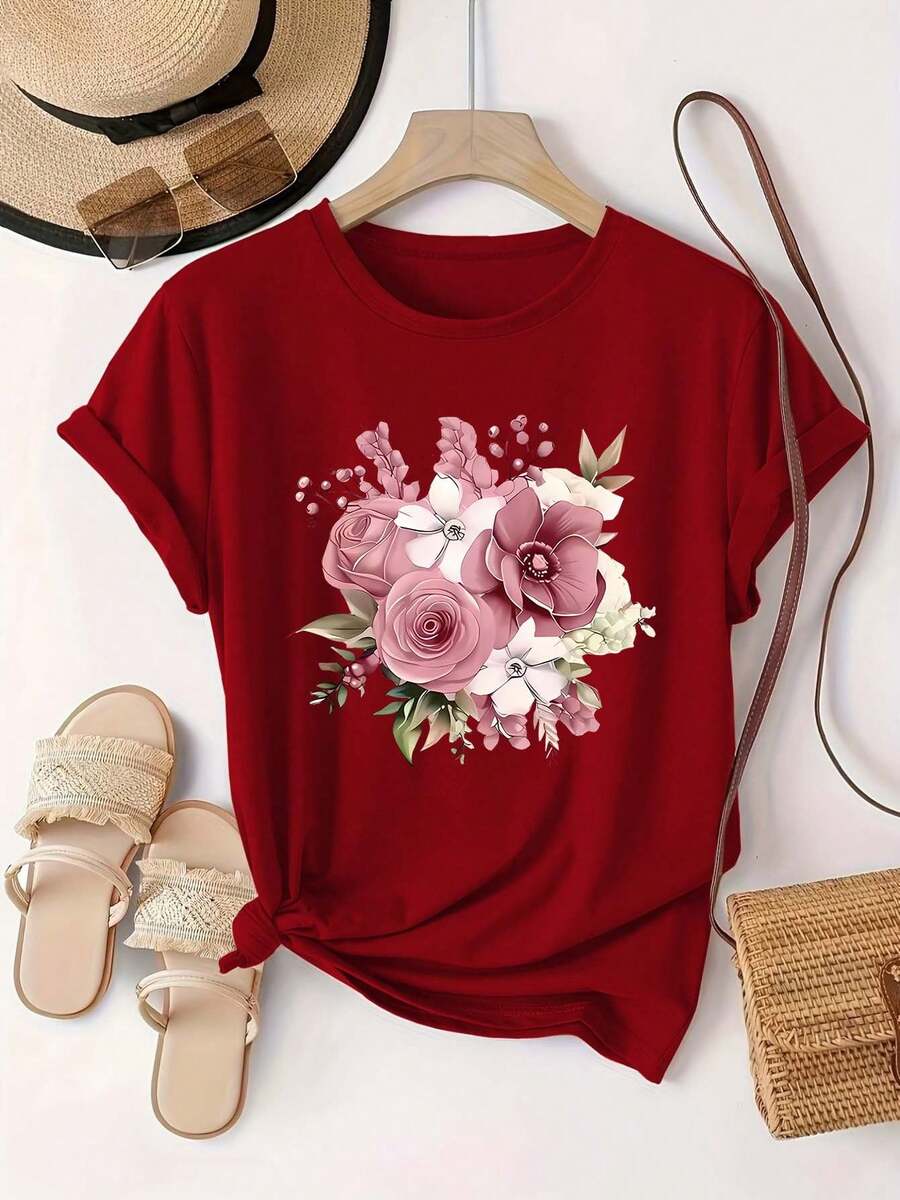 Plus Size - Plus Size - 0-8XL Plus Size Casual Fashion Printed T-Shirt Women's Clothing, Modern Base Layer Daily Outing Casual Wear For All Seasons Short Sleeve T-Shirt Multicolor Optional Women's Soft Pink Floral Anime T-Shirt - Pastel Pink Blouse - [紅色的] - 查看 1