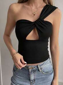 Camiseta sin mangas ajustada y sexy con tirantes cruzados calados para mujer, de estilo casual de verano - Negro 4 - Ver 2
