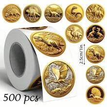 500张金色恐龙贴纸，1英寸圆形，10种图案，可用于信封、杂志、手机壳、杯子、头盔、剪贴簿、派对礼品等，PVC防水贴纸 - 金色恐龍勳章 - 查看 6