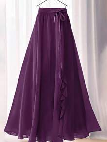 Rok Maxi A-Line Wanita Warna Polos Elegan dengan Hiasan Renda Bunga/Ruffle dan Tali Pinggang untuk Musim Panas - Purple - View 4