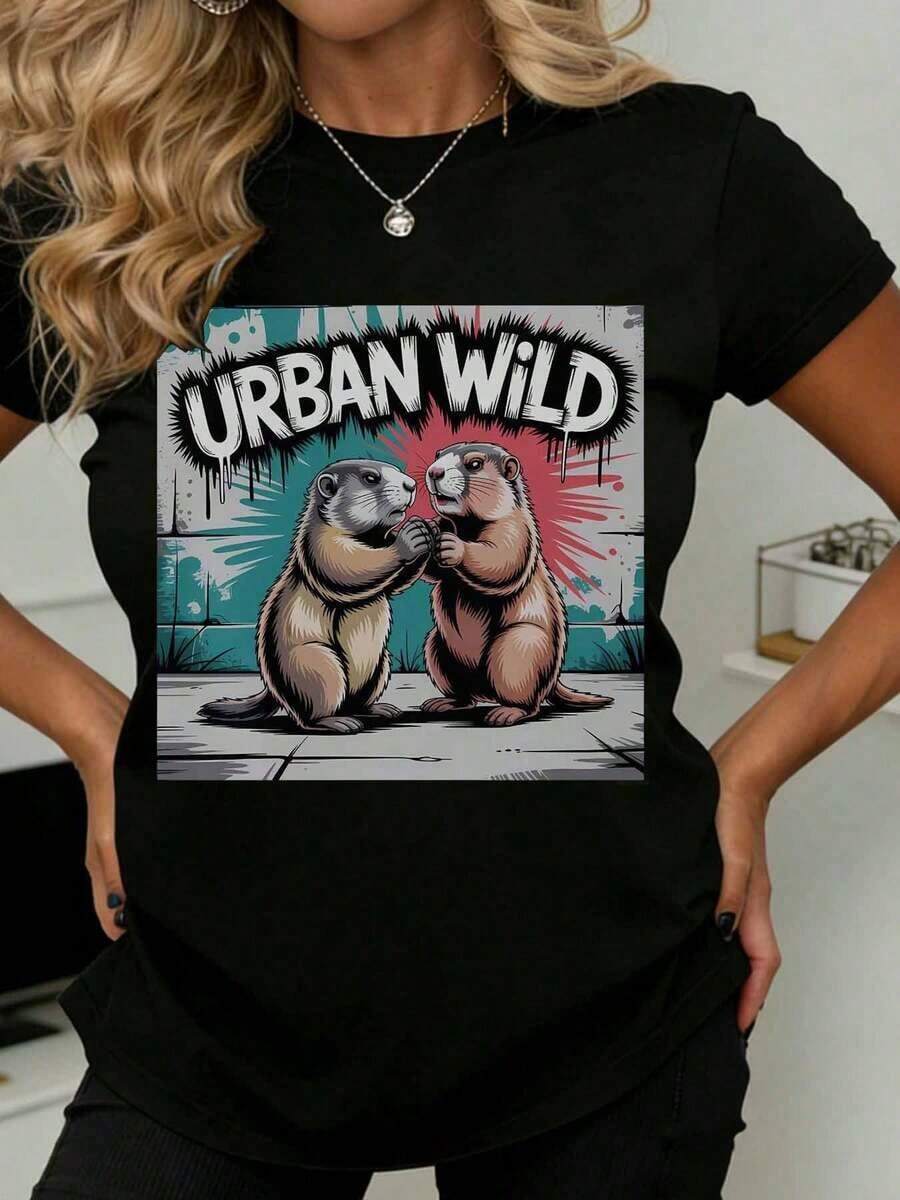 Camiseta Gráfica de Pareja de Marmotas Urban Wild para Mujeres y Hombres con Diseño de Fondo Urbano, Perfecta para Atuendos Casuales y Actividades al Aire Libre, Adecuada para Uso Casual y Deportivo - Negro - Ver 1