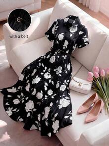 XHEAiraco Vestido midi de manga corta con cuello de camisa y cintura ceñida, adecuado para uso casual, vacaciones y viajesXHE - Negro - Ver 1