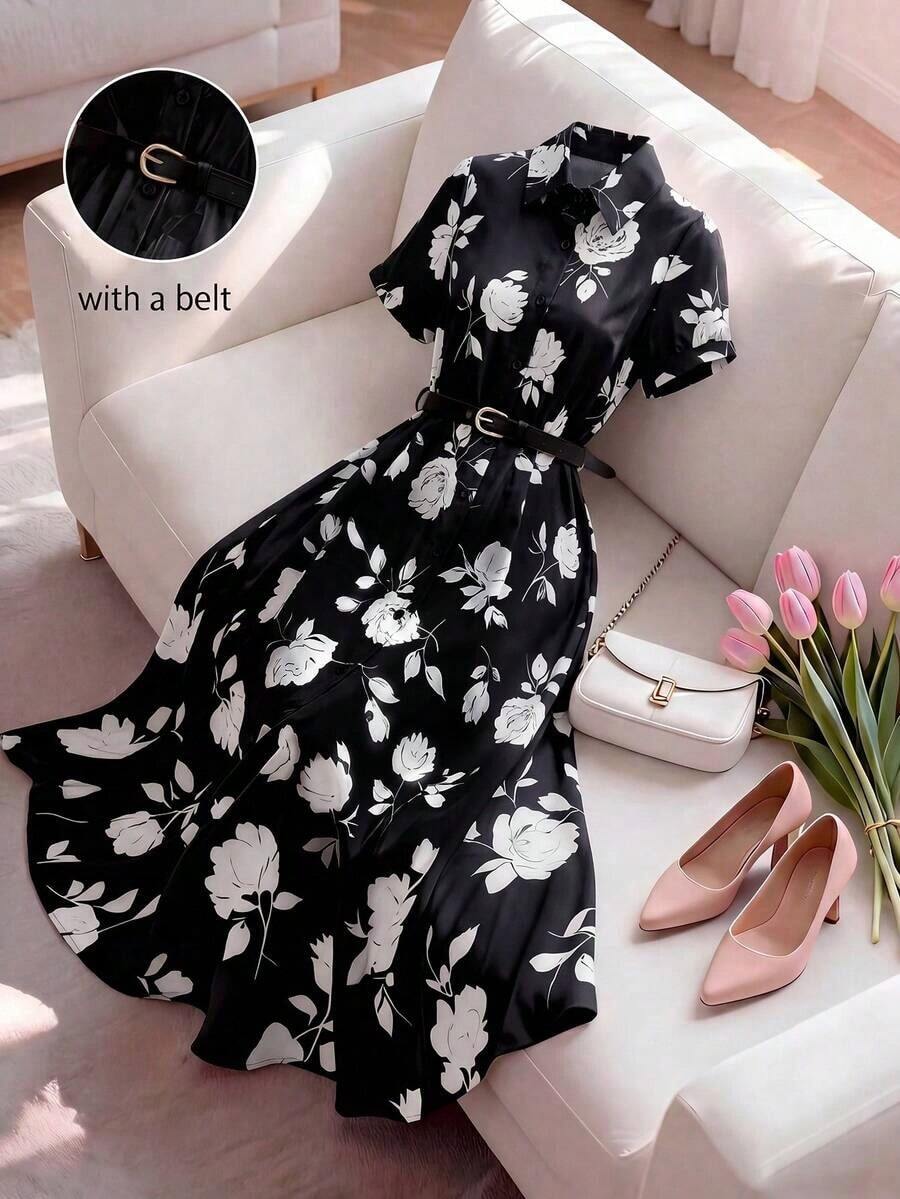 XHEAiraco Vestido midi de manga corta con cuello de camisa y cintura ceñida, adecuado para uso casual, vacaciones y viajesXHE - Negro - Ver 1
