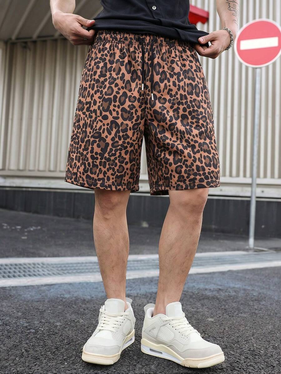 1pc Men's American Street Style Leopard Print Casual Shorts Loose Fit Bermuda Mid-Length Shorts - Multicolor - View 1