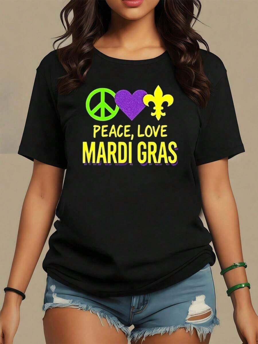 Símbolos coloridos de paz corazón morado y flor de lis amarilla celebrando espíritu alegre de Gras camiseta de mujer 100% algodón 180g - Negro - Ver 1