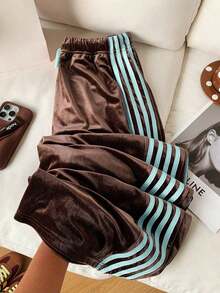 Pantalones de chándal casuales y holgados con cintura elástica y rayas laterales marrones para mujer - Marrón 3 - Ver 6