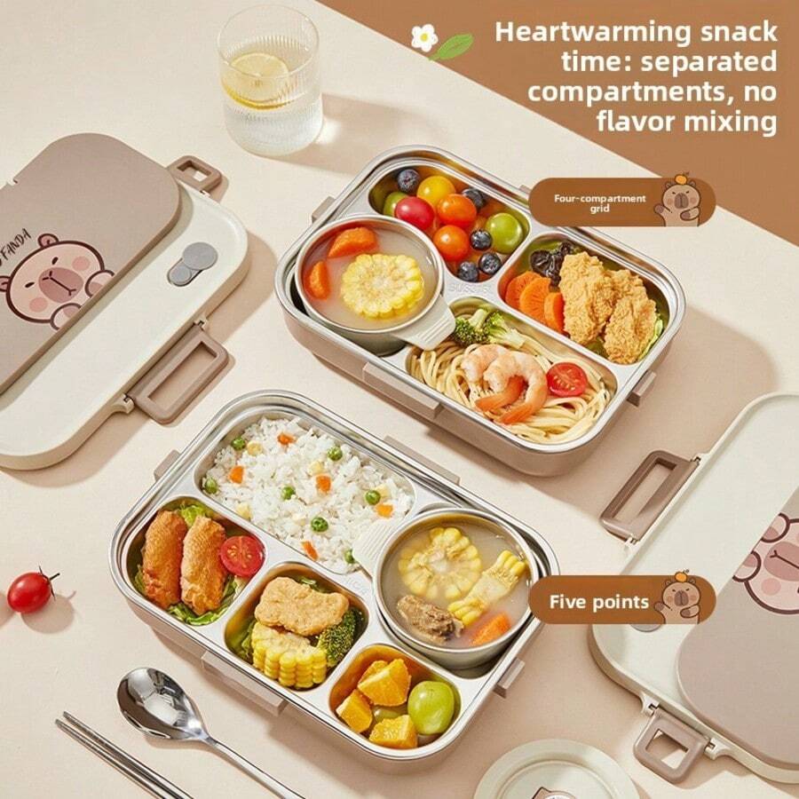 Hộp cơm bento 5 ngăn bằng thép không gỉ 1500ml họa tiết chuột nước, hộp cơm trưa di động dung tích lớn kèm dụng cụ ăn uống và bát súp, hộp đựng thức ăn cách nhiệt chống rò rỉ, an toàn khi sử dụng trong máy rửa chén và lò vi sóng, phù hợp cho học sinh và người lớn sử dụng tại nhà, trường học, văn phòng, cắm trại ngoài trời, dã ngoại, du lịch, chuẩn bị cho năm học mới. - Nhiều màu - Xem 1