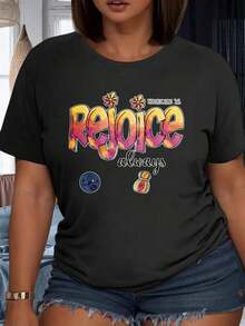 Alegrarse Siempre (1 Temisónenses 5:16) - Camiseta Cristiana para Mujer, Diseño Gráfico Inspirado en la Fe con Flores, para Fiestas, 220g - Negro - Ver 4
