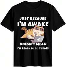 Camiseta estampada para mujer, con diseño de gato de dibujos animados y texto divertido, camiseta de algodón para niñas con mangas cortas y cuello redondo, top casual de verano para fitness. - Negro - Ver 9