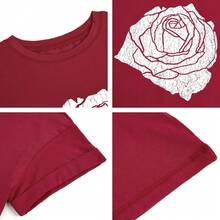 Women's T-Shirt With Rose Print, Loose Fit, Short Sleeve Summer Top, Casual Round Neck Boyfriend Style Top - 紅色 - 查看 3