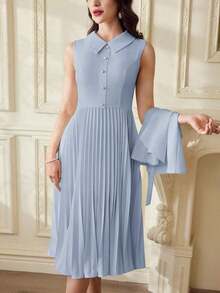 Conjunto elegante vintage clásico de 2 piezas para mujer con capa y mantón de primavera y verano, y vestido con cuello plisado en beige para vacaciones, atuendos de verano para mujer, atuendos casuales de negocios para mujer, atuendos de primavera para mujer, atuendos de profesora para mujer, atuendos de festival para mujer, vestido de Pascua para mujer, ropa de mujer para vacaciones tropicales, vestidos blancos para mujer, vestidos de cumpleaños para mujer, conjuntos de 2 piezas, ropa de iglesia para señoras, vestido de graduación para mujer - Celeste - Ver 4