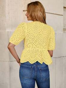 Blusa elegante con mangas abullonadas, lazo delantero y bordado, ideal para vacaciones o San Valentín - Amarillo - Ver 2