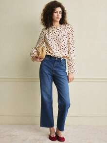 Blusa asimétrica de mujer con parches de lunares, camisa casual para primavera/otoño, adecuada para comer, fiestas y uso diario - Albaricoque - Ver 3