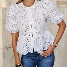 Fengyu Women's Clothing Store  Blusa elegante con mangas abullonadas, lazo delantero y bordado, ideal para vacaciones o San Valentín - Blanco - Ver 5