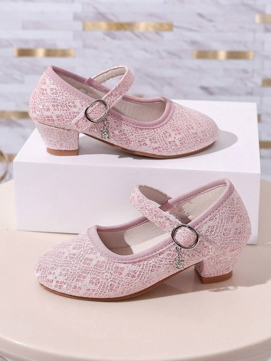 Gentle Style Lace High Heel Princess Shoes With Stage Buckle, Exquisite Hollow Floral Pattern, Versatile Design - Pink - View 1
