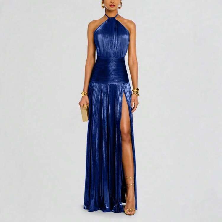 Sleeveless Halter Neck Dress With Metallic Pleats, Side Slit, Adjustable Drawstring, And Open Back, For Women - 藍色 - 查看 4