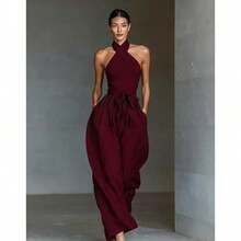 Mono nuevo para mujer de lino con tirantes cruzados, cordón ajustable y pantalones anchos - Burdeos - Ver 7