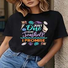 1 Piece Of T-Shirt For Men And Women, 100% Pure Cotton, Casual Round Neck With Print, Breathable Short Sleeves For Everyday Wear. Feminine Beach-Themed Design, Includes Double Seashells And Starfish. - 黑色 - 查看 2
