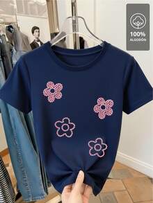 Pink Beaded Flower - 100% Shirt - Navy Blue - View 4