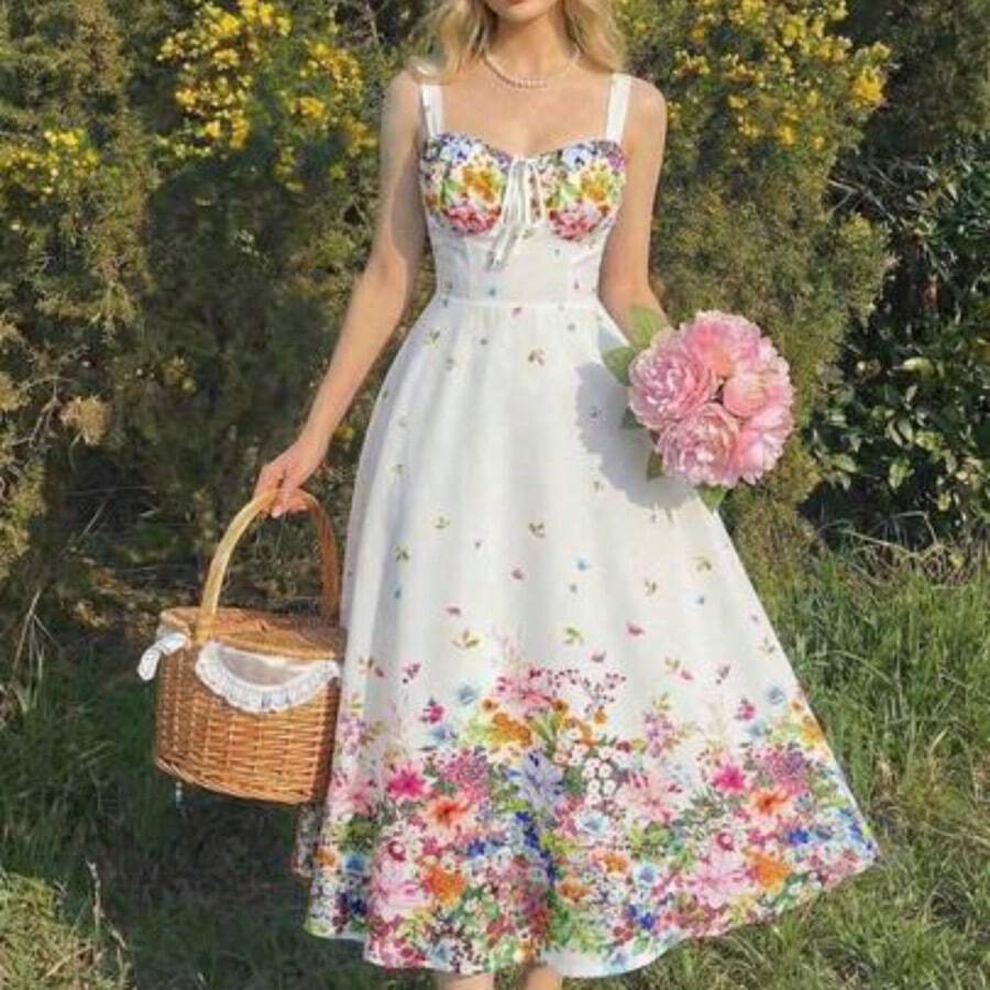 guangzhougaolangshangmao MOD Vestido con tirantes de espagueti fruncido con estampado floral colorido y lazo - Estilo soñador y romántico, vestido de verano y primavera para mujer para citas, fiestas, vacaciones de primavera, vacaciones, picnics, festivales, cumpleaños - Blanco - Ver 1