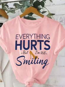 Plus Size, Women's Fashionable Printed Casual T-Shirt 0-8XL, Base Layer, Daily Wear, Personality, All Year Round, Comfortable Fit, Letters, Funny Women's T-Shirt "Everything Hurts, I'm Hungry", Crew Neck Short Sleeve, Summer Polyester Blend, Regular Fit T-Shirt - 羅莎 - 查看 6